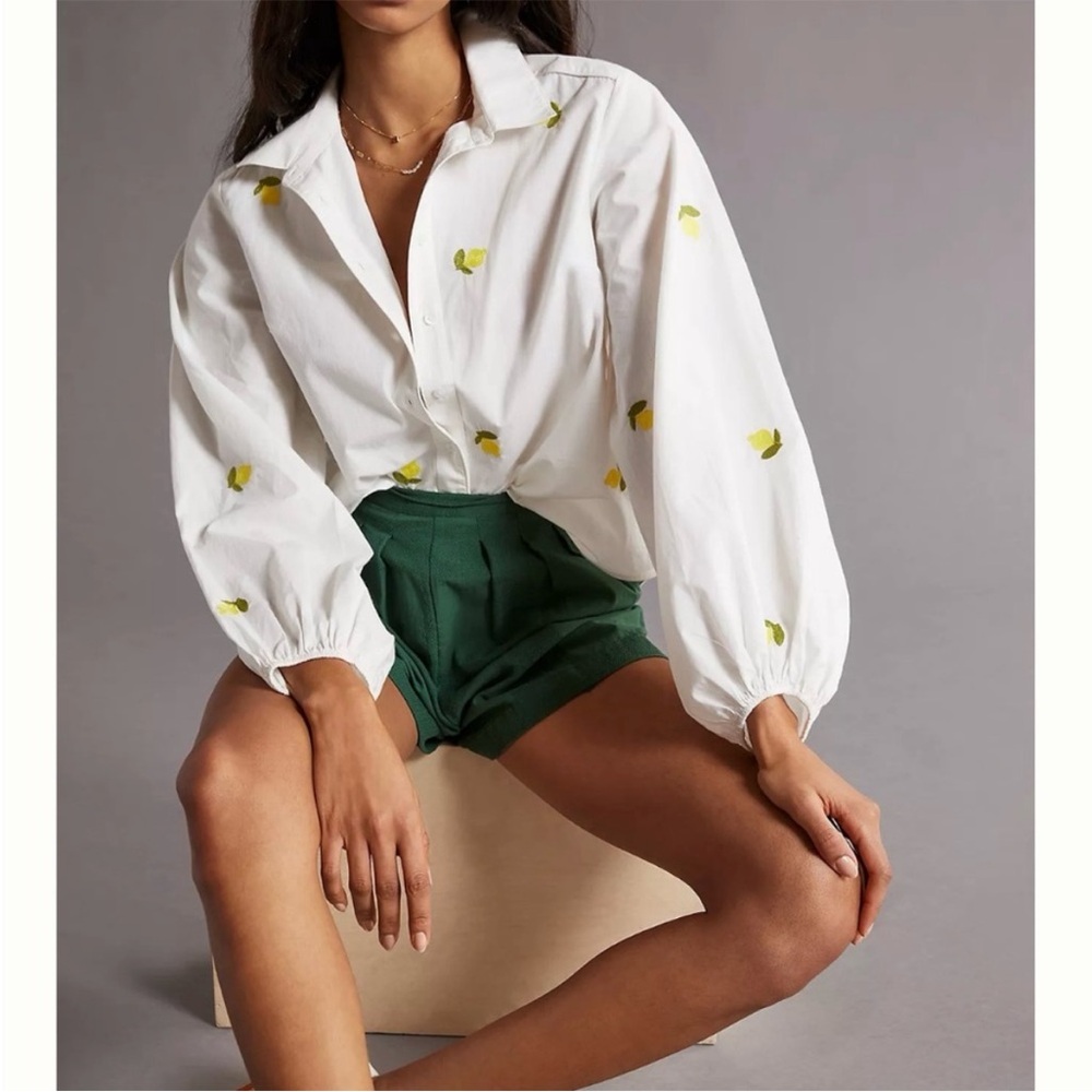 Maeve White Button-Front Blouse with Puff Sleeve and Embroidered Yellow Lemons